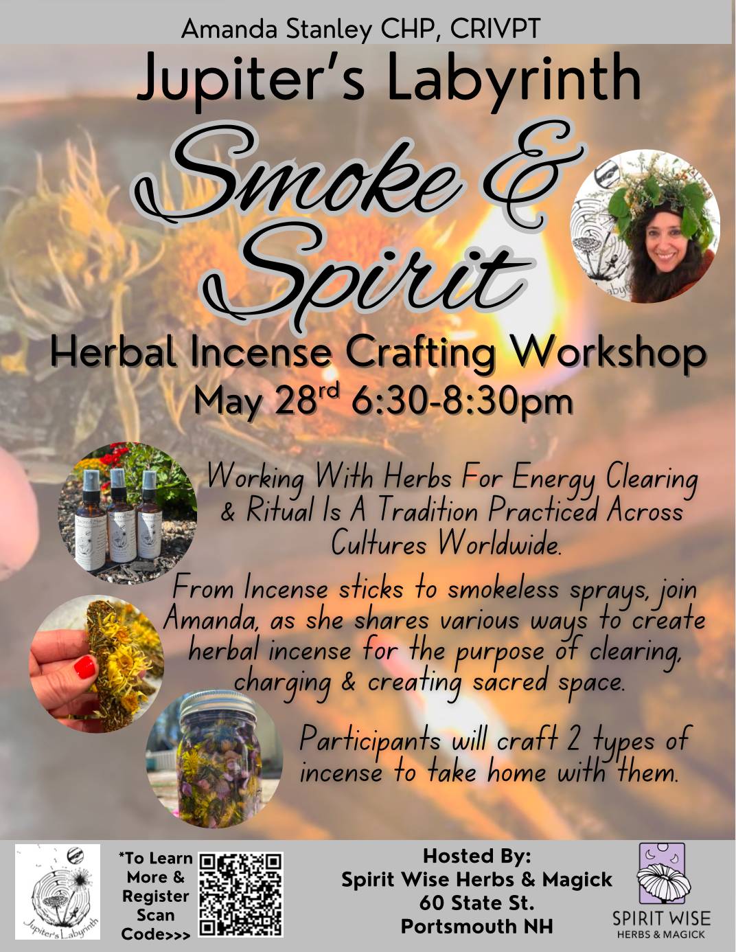 An outdoor herbal classroom with teacher & students with the text " Virtual & In person Classes & Workshops"